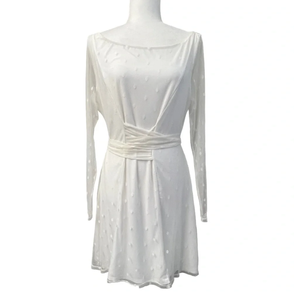 Lovers + Friends Ivory Mesh Dot Overlay Long Sleeve Dress - Size XL